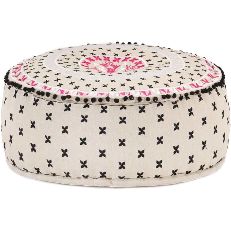 

vidaXL Puf Redondo con Bordado Algodón 60x25 cm Negro Blanco Fucsia - Multicolor