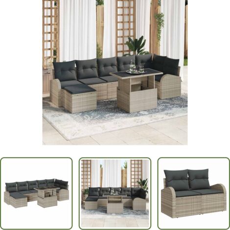 vidaXL Ratán -  Conjunto de sofá de jardín con cojín 8 pcs Gris Claro Poliratán