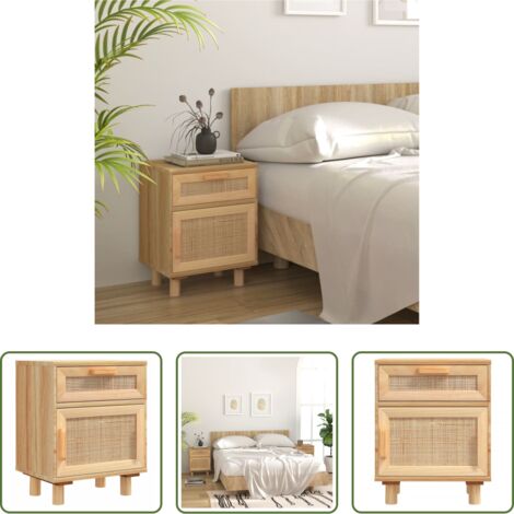 vidaXL Ratán natural -  Mesita de noche madera maciza pino marrón y ratán natural