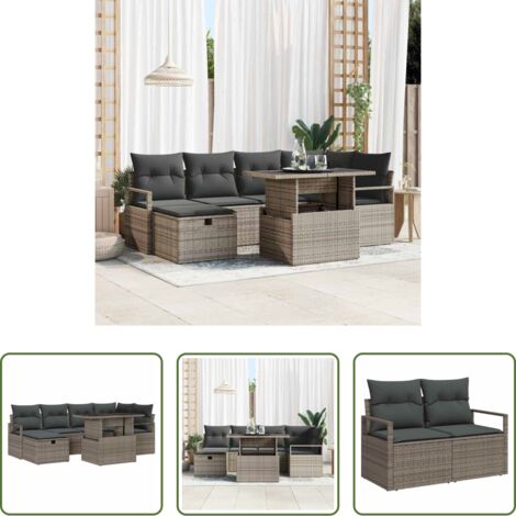 vidaXL Ratán poliéster -  Conjunto de sofá de jardín con cojín 7 pcs Gris Poliratán