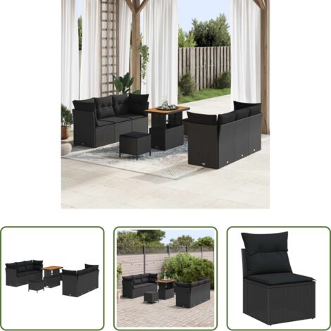 vidaXL Ratán sintético -  Conjunto de sofá de jardín 9 pcs Negro ratán sintético