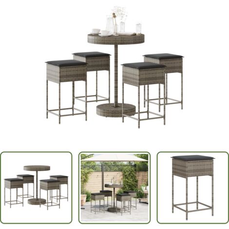 vidaXL Ratán sintético -  Mesa y taburetes altos jardín 5 piezas y cojines ratán PE gris