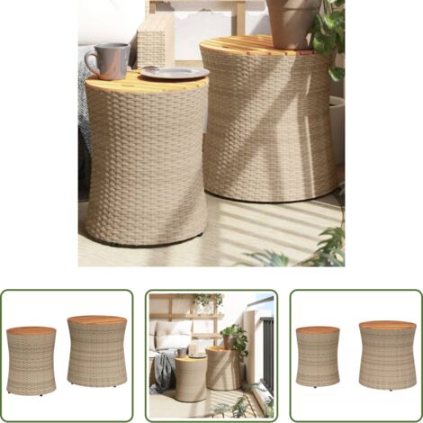 vidaXL Ratán sintético -  Mesas auxiliares jardín 2 pzas superficie de madera ratán beige