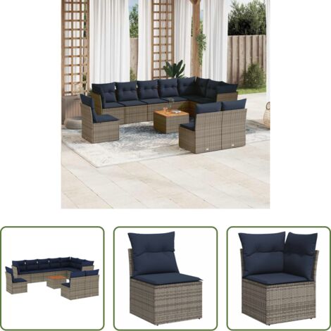 vidaXL Ratán sintético -  Set de sofás de jardín 11 pzas y cojines ratán sintético gris