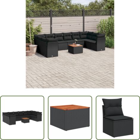vidaXL Ratán sintético -  Set de sofás de jardín 11 pzas y cojines ratán sintético negro