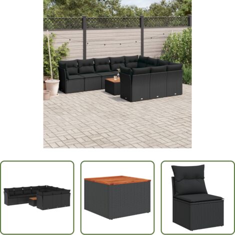 vidaXL Ratán sintético -  Set de sofás de jardín 11 pzas y cojines ratán sintético negro