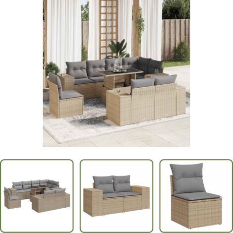 vidaXL Ratán sintético -  Set de sofás de jardín con cojines 9 pzas ratán sintético beige