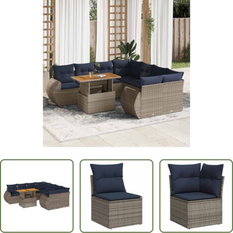 vidaXL Ratán sintético -  Set de sofás de jardín con cojines 9 pzas ratán sintético gris