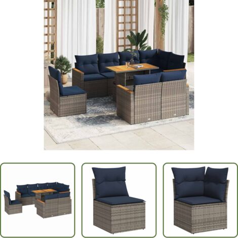 vidaXL Ratán sintético -  Set de sofás de jardín con cojines 9 pzas ratán sintético gris