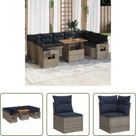 vidaXL Ratán sintético -  Set de sofás de jardín y cojines 10 pzas ratán sintético gris