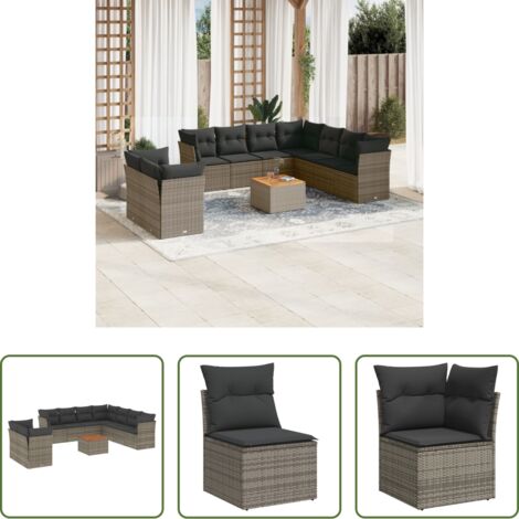 vidaXL Ratán sintético -  Set de sofás de jardín y cojines 10 pzas ratán sintético gris