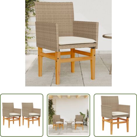 vidaXL Ratán sintético -  Sillas de jardín con cojín 2 uds ratán PE beige y madera acacia
