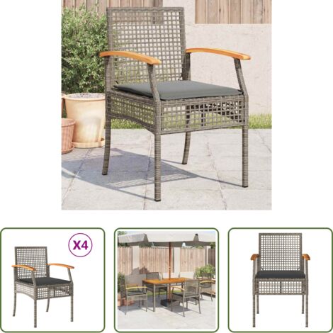 vidaXL Ratán sintético -  Sillas de jardín con cojín 4 uds ratán PE gris y madera acacia