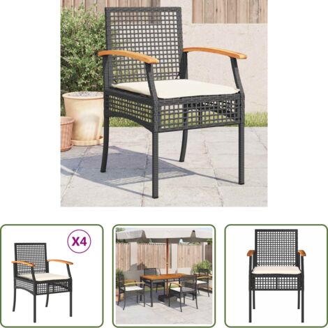 vidaXL Ratán sintético -  Sillas de jardín con cojín 4 uds ratán PE negro y madera acacia