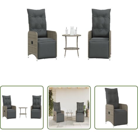 vidaXL Ratán sintético -  Sillas de jardín reclinables con mesa 2 uds ratán PE gris
