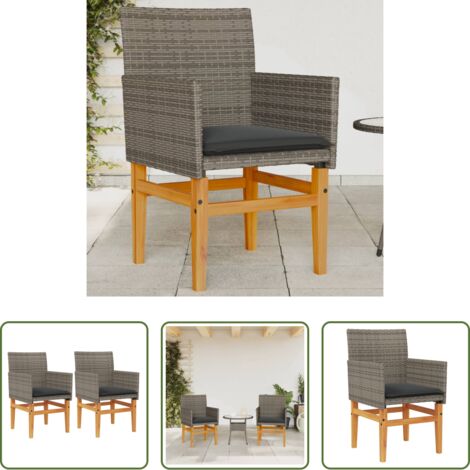 vidaXL Ratán sintético -  Sillas de jardín y cojines 2 uds ratán PE gris y madera maciza