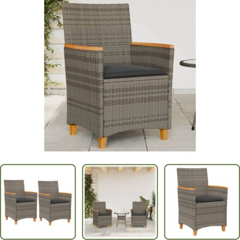 vidaXL Ratán sintético -  Sillas de jardín y cojines 2 uds ratán PE gris y madera maciza