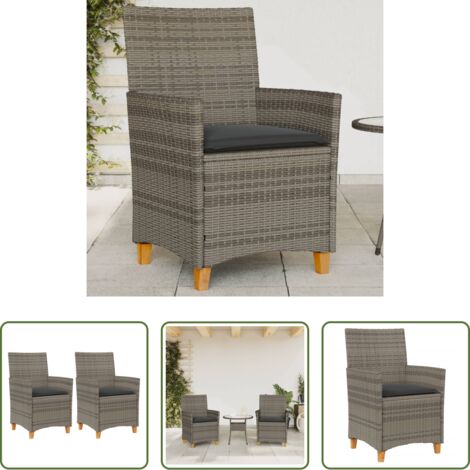 vidaXL Ratán sintético -  Sillas de jardín y cojines 2 uds ratán PE gris y madera maciza