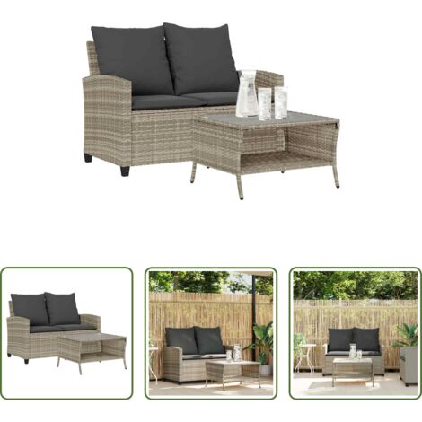 vidaXL Rattan -  Divano 2 Posti con Cuscini e Tavolo Grigio Chiaro Polyrattan