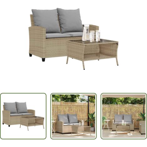 vidaXL Rattan -  Divano Giardino 2 Posti con Cuscini e Tavolo Beige Polyrattan