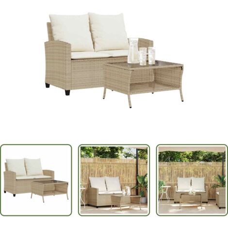 vidaXL Rattan -  Divano Giardino 2 Posti con Cuscini e Tavolo Beige Polyrattan