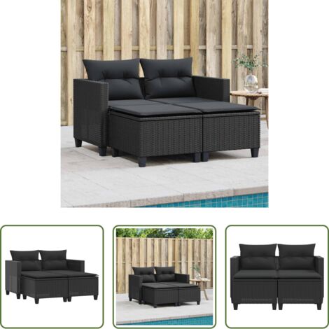 vidaXL Rattan PE -  Divano da Giardino 2 Posti con Sgabelli Nero in Polyrattan