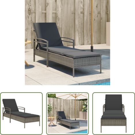 vidaXL Rattan PE -  Lettino Prendisole con Cuscino Grigio 63x200x81 cm Polyrattan