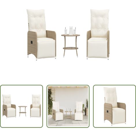 vidaXL Rattan PE -  Sedie da Giardino Reclinabili 2pz con Tavolino Polyrattan Beige