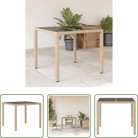 vidaXL Rattan PE -  Tavolo da Giardino con Piano Vetro Beige 90x90x75 cm Polyrattan