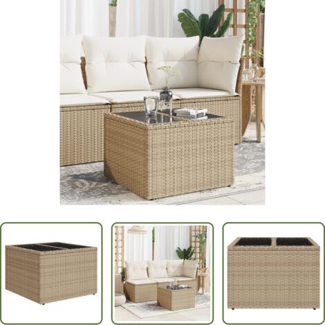 vidaXL Rattan PE -  Tavolo da Giardino Piano in Vetro Beige 55x55x37 cm Polyrattan