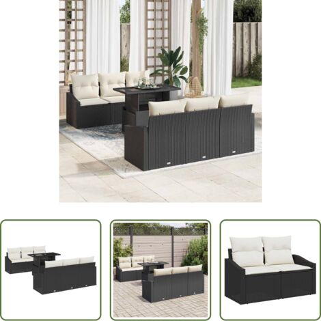 vidaXL Rattan plastico -  Set Divano da Giardino con cuscino 7 pcs Nero polyrattan