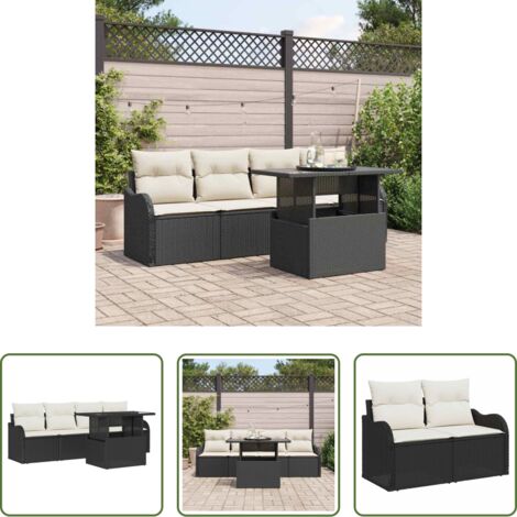 vidaXL Rattan -  Set Divano da Giardino con cuscino 5 pcs Nero Poly Rattan