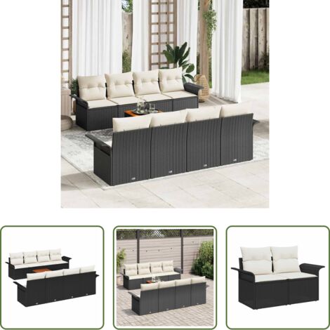 vidaXL Rattan sintetico -  Set Divano da Giardino 9 pcs Nero e Crema polyrattan