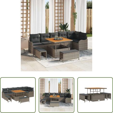 vidaXL Rattan sintetico -  Set Divano da Giardino con cuscino con cuscino 9 pcs Grigio