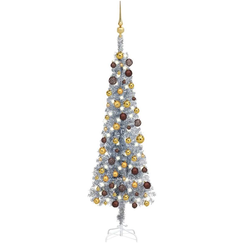 

Árbol de Navidad estrecho con LEDs y bolas plateado 120 cm - Vidaxl