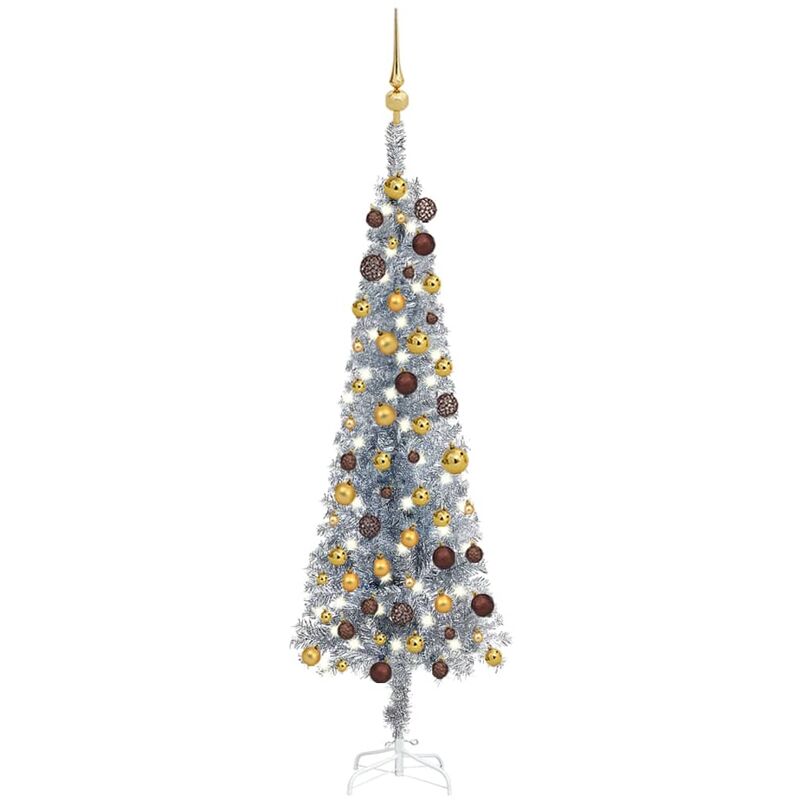 

Árbol de Navidad estrecho con LEDs y bolas plateado 150 cm - Vidaxl