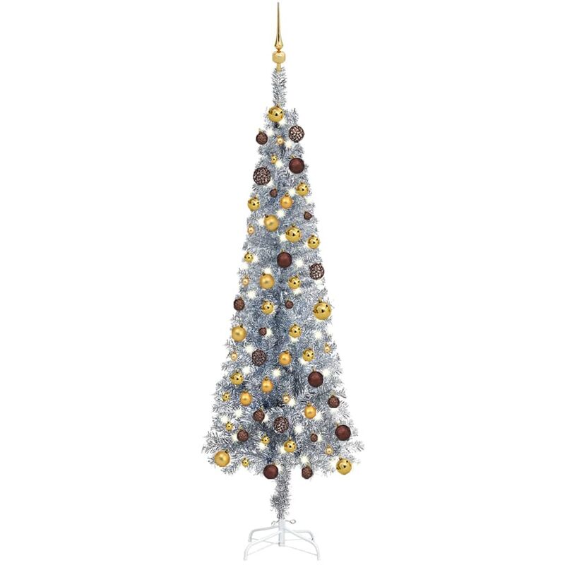 

Árbol de Navidad estrecho con LEDs y bolas plateado 180 cm - Vidaxl