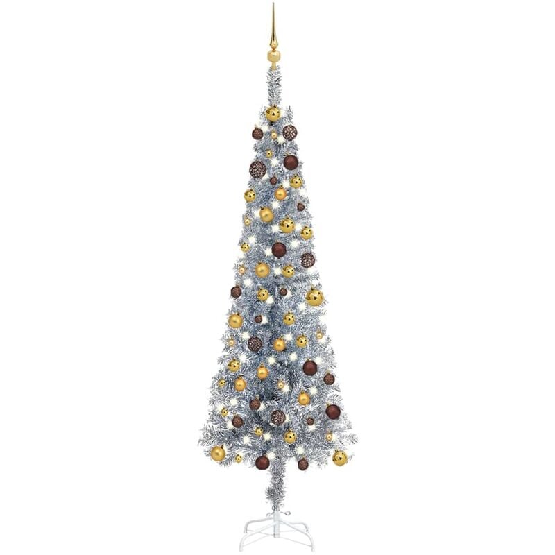 

Árbol de Navidad estrecho con LEDs y bolas plateado 210 cm - Vidaxl