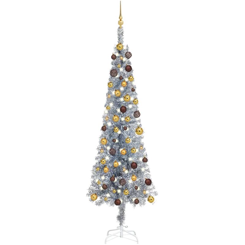 

vidaXL Árbol de Navidad estrecho con LEDs y bolas plateado 240 cm