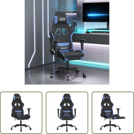 vidaXL Reposapiés -  Silla gaming de masaje con reposapiés tela negro y azul