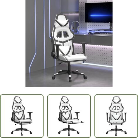 vidaXL Reposapiés -  Silla gaming masaje y reposapiés cuero sintético negro blanco