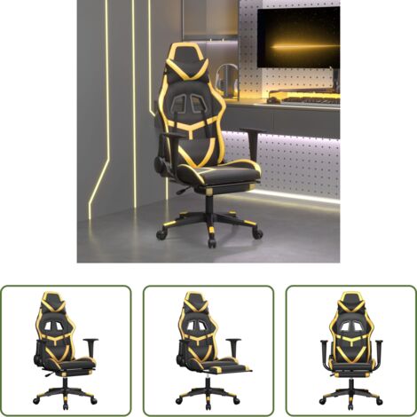 vidaXL Reposapiés -  Silla gaming masaje y reposapiés cuero sintético negro dorado