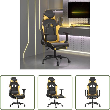 vidaXL Reposapiés - Silla gaming masaje y reposapiés cuero sintético negro dorado