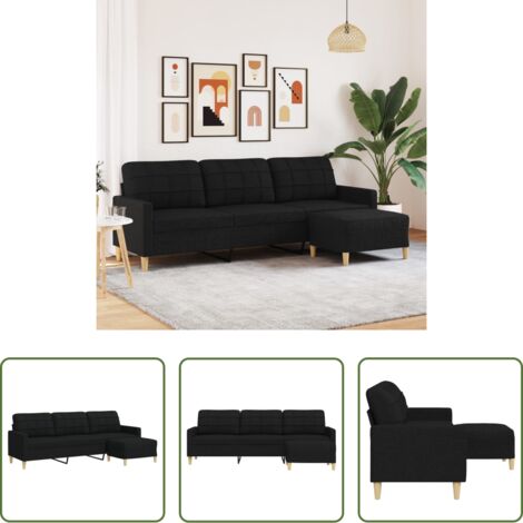 vidaXL Reposapiés -  Sofá de 3 plazas con taburete de tela negro 210 cm
