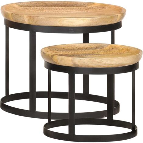 main image of "vidaXL Round Side Tables 2 pcs Solid Mango Wood and Steel - Brown"