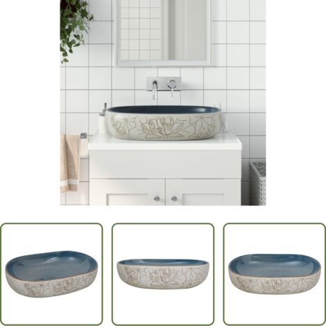 vidaXL Sabbia -  Lavabo da Appoggio Sabbia e Blu Ovale 59x40x14 cm Ceramica