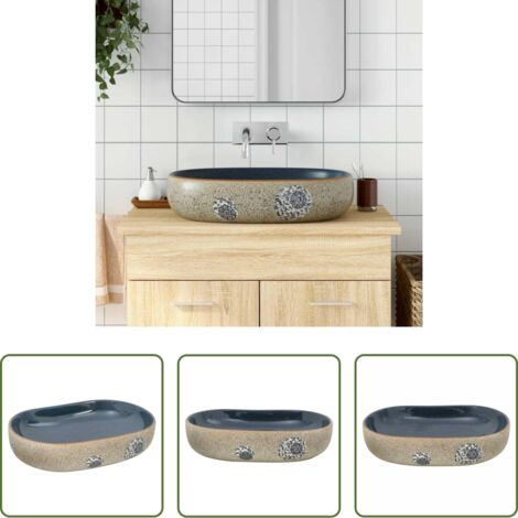 vidaXL Sabbia -  Lavabo da Appoggio Sabbia e Blu Ovale 59x40x14 cm Ceramica
