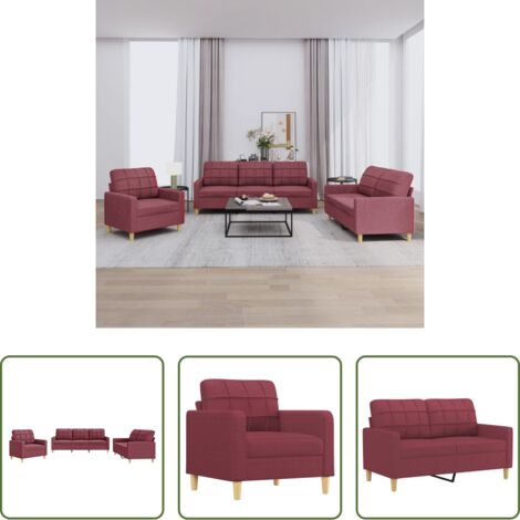 vidaXL Sala -  Juego de sofás con cojines 3 piezas tela rojo tinto