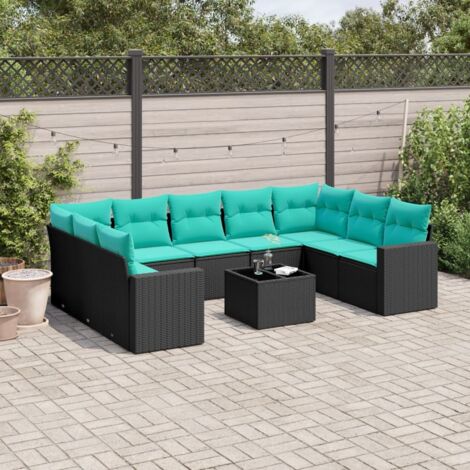 vidaXL Salon de jardin 10 pcs avec coussins noir résine tressée