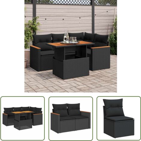 vidaXL Salon de jardin 5 pcs avec coussins noir résine tressée acacia